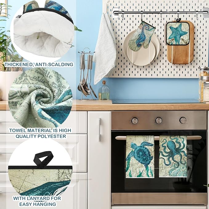 Mindsoft 6 Pcs Ocean Beach Kitchen Towel Oven Mitt Pot Holder Set | Heat Resistant Mitts, Sea Turtle Octopus Starfish Design, Coastal Beach Decor, Absorbent Towels for Cooking, Gift Set