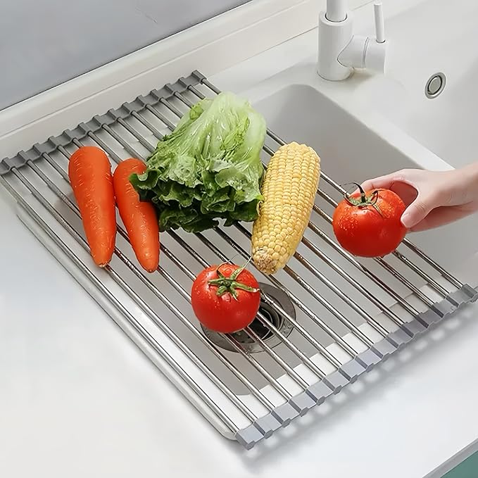 Roll Up Dish Drying Rack, 17.7" x 11.8" Over The Sink Dish Drying Rack, Dish Drying Rack for Kitchen Sink Counter Storage (Grey)