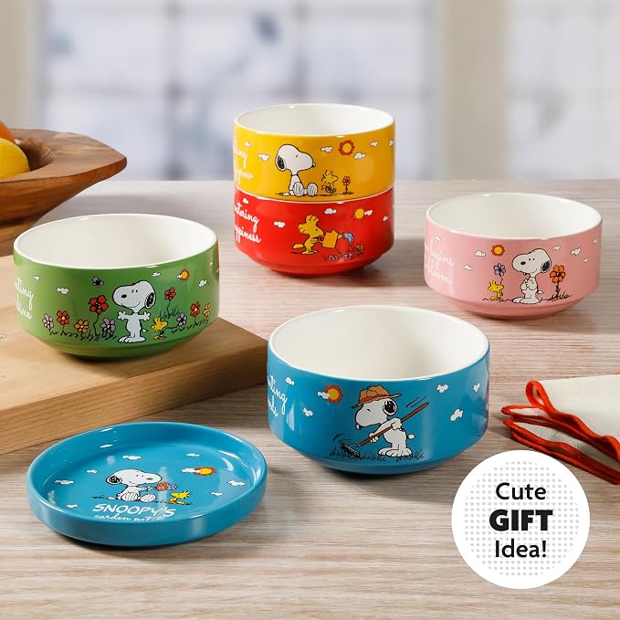 Peanuts Snoopy 6-Piece Stackable 5.5-Inch Decorated Stoneware Bowl Set With Matching Plate, Microwave & Dishwasher Safe, Collectible Kitchen Dinnerware