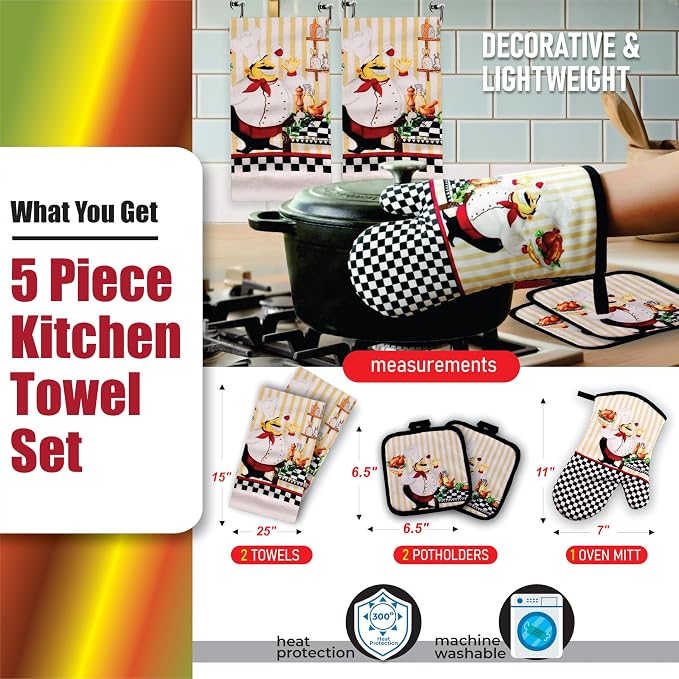 Chubby Uniformed Chef Design, 5 Piece Set | Kitchen Towel Set with 2 Decorative Dish Towels (25 X15), 1 Oven Mitt (11 X 7) and 2 Potholders (6.5 X 6.5)