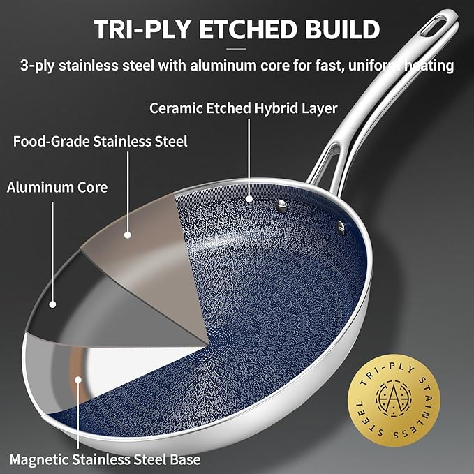 Ammeloo Hybrid Tri-Ply Stainless Steel Frying Pans Set, 8"/9.5"/11" Cooking Pans, Non Stick Frying Pans and Skillets, Chef Pan, Non Toxic, Dishwasher Safe, Induction Compatible, Blue Interior