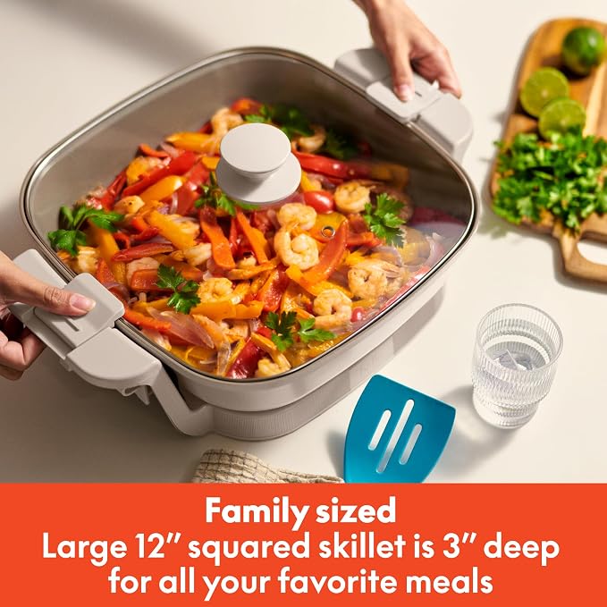 bella Make & Take Electric Skillet, Fits-anywhere™ kitchenware, EverGood™ Ceramic Coating, Adjustable Temperature & Dishwasher-Safe Tempered Glass Lid, Cast Aluminum Base, 1200 Watt, Oatmilk