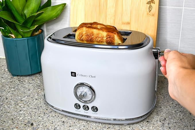 CULINARY CHEF, 2 Slice Toaster, Retro Style, Wide Slot for Bread, English Muffins, Croissants, and Bagels, 6 Adjustable Toast Settings, Cancel and Defrost, 900w, White