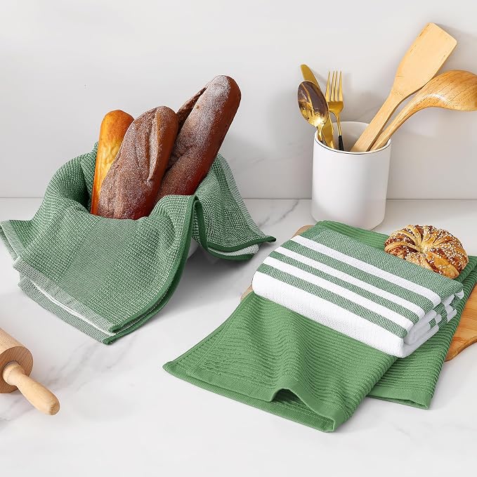 Homaxy Cotton 380 GSM Premium Kitchen Towels, 18"x28", 12 Pack, GrassGreen | Soft and Absorbent Terry Dish Towels, Multipurpose Tea Towel Set with Hanging Loop, 3 Styles Kitchen Hand Towels
