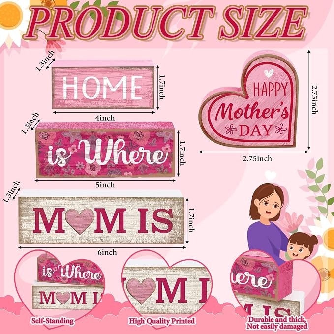 Lineshading 4 Pcs Wooden Block Signs Mothers Day Farmhouse Tabletop Decor | Stackable Tiered Tray Decor for Mom, Rustic Table Centerpiece Gift, Floral Wooden Pieces, Kitchen Shelf Farmhouse Accent