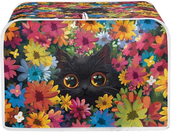 Cat Floral Print Toaster Cover 4 Slice Long Slot, Non Slip Bread Toaster Covers Dust Protection Small Appliance Covers