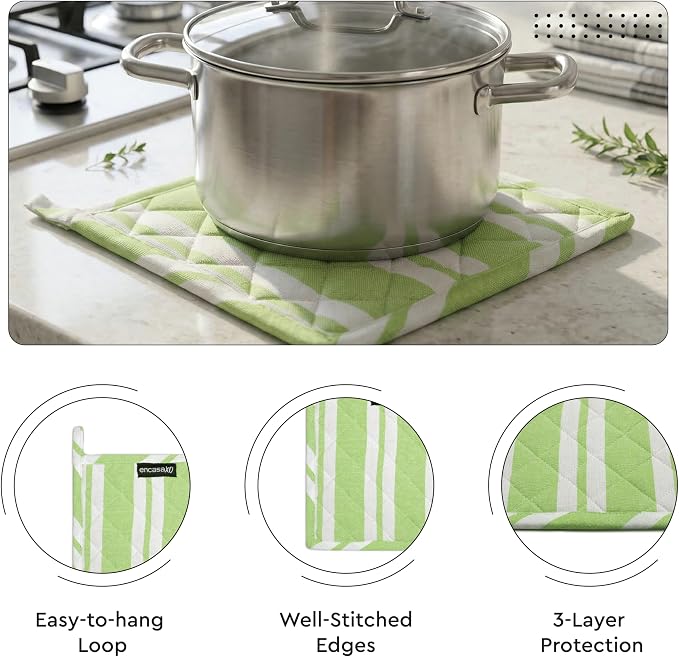 Encasa XO Oven Mitts and Pot Holders Set, Heat Resistant Cotton | Franca Lime Stripes, Diamond Quilted | Non-Slip Grip | Microwave & Oven Safe | Hanging Loop | Machine Washable | Set of 2