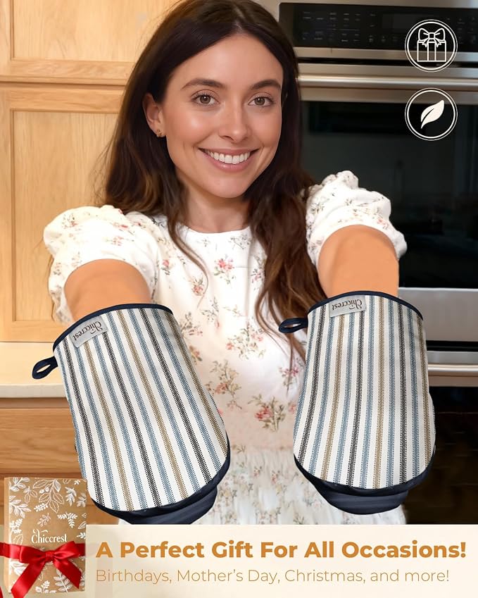 100% Thick Cotton Mini Oven Mitts Silicone Grip Colorful Stripe | Elegant Classic Oven Mitts for Women, Machine Washable, Non-Slip, Reversible Design Fits Both Hands, Stylish Kitchen Decor