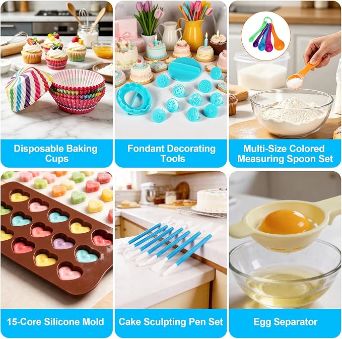 366-Piece Cake Decorating Kit, 60 Piping Tips with Storage Box | Complete set with 60 stainless steel piping tips, 100 piping bags, spatulas, scrapers, molds and a 3-tier storage box.