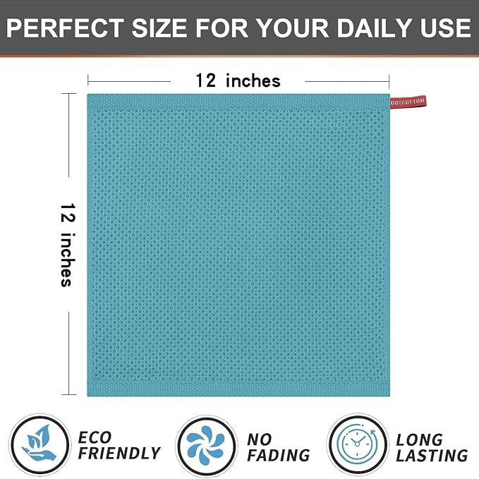 Kitinjoy 100% Cotton Waffle 6-Pack Kitchen Towels, 12" x 12", Lake Blue | Ultra Absorbent, Super Soft, lightweight, Quick Drying Dish Rags for Washing Dishes