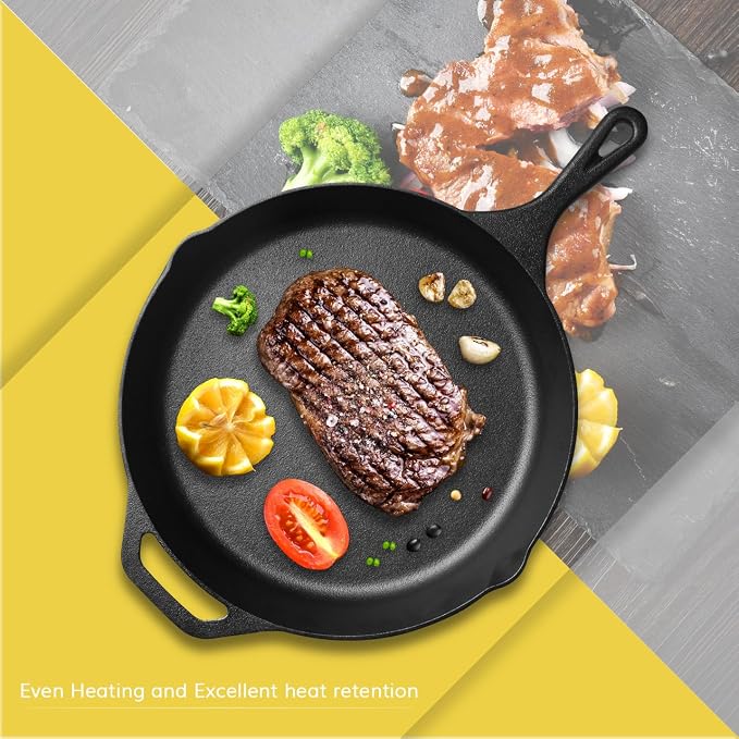 12 Inch Cast Iron Skillet Antirust Treated Pre-Seasoned Iron Pan with Silicone Handle Cover