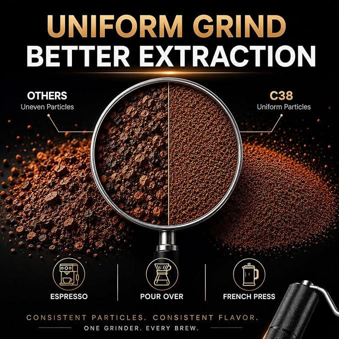 C38 Manual Coffee Grinder with Removable 38mm CNC Stainless Steel Burr, All-Metal Hand Coffee Grinder with 36+ Adjustable Grind Settings for Espresso, Pour Over, French Press & Travel