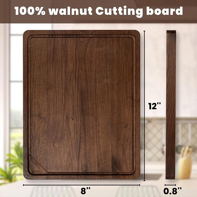 Heimlove Walnut Wood Cutting Board for Kitchen, Reversible Wooden Chopping Board with Deep Juice Grooves and Handles, Natural Walnut Wood Cutting Board for Chopping, Cheese, Vegetables (12"x8")