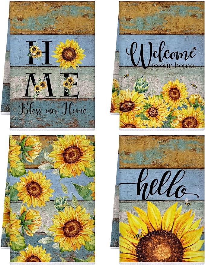 4 Pcs Sunflower Kitchen Towels Farmhouse Hand Dish Towels | Absorbent Fast Drying Decor Welcome Home Floral Dishcloth Housewarming Gift for Spring Summer Cooking Bathroom Kitchen Decor
