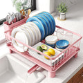 SNTD Dish Drying Rack for Small Kitchen Counter, 12.9" W x 16.9" L, Pink | Space Saving, Rotating Spout & Angled Drainboard for Quick Drainage, Stainless Steel, Removable Utensil Holder