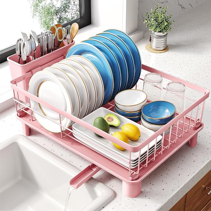 SNTD Dish Drying Rack for Small Kitchen Counter, 12.9" W x 16.9" L, Pink | Space Saving, Rotating Spout & Angled Drainboard for Quick Drainage, Stainless Steel, Removable Utensil Holder