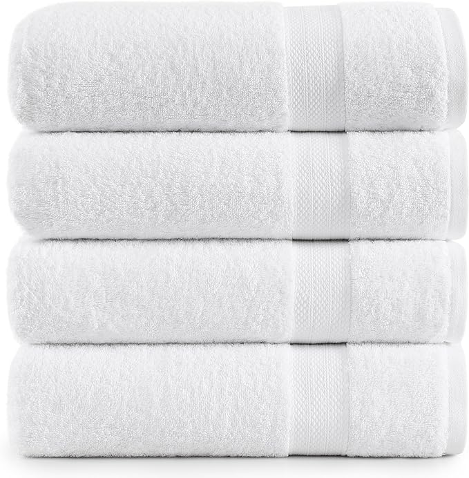 LANE LINEN Large Bath Towel Set Absorbent Quick Dry 100% Cotton - White | Bath Towels Set Of 4 - Fade-Resistant Color, Classic Terry Weave, Densely Woven, Coordinated Colors, Dobby Border Accent