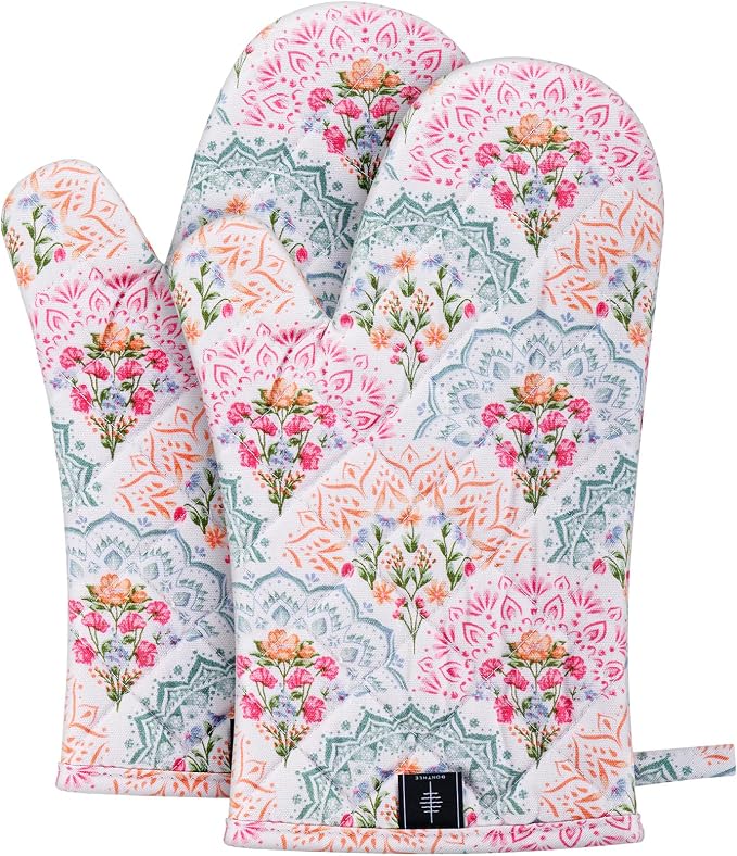 BONTHEE Oven Mitt Extra Long Cotton Cooking Kitchen Mitts with Non-Slip Striped Oven Mitts for Cooking Baking Grilling - Mandala - Oven Gloves - 2PCS