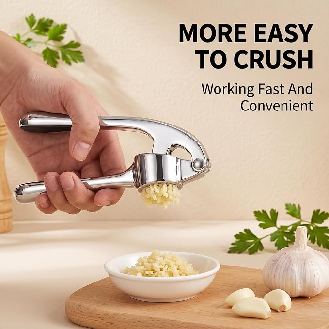 Garlic Press Stainless Steel, 2 in 1 Garlic Mincer & Herb Scissors, Dishwasher Safe Garlic Crusher, Rust Proof Garlic Smasher and Mincer Tool with Peeler and Brush for Kitchen