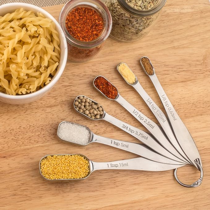 6-Piece 18/8 Stainless Steel Measuring Spoons Set, Silver | Six Engraved US and Metric Sizes From 1/8 TSP to 1 Tbsp Fit Narrow Spice Jars and Stay Together On an O-shaped Ring