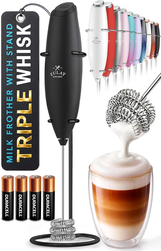 Zulay Kitchen Powerful Milk Frother Wand With Duracell Batteries - Ultra Fast Handheld Drink Mixer - Electric Whisk Foam Maker for Coffee, Lattes, Cappuccino & Matcha - Triple Whisk - Midnight Elite