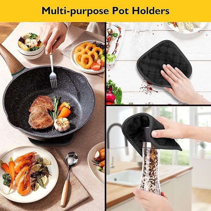 4PCS Oven Mitts and Pot Holders Sets 500°F Pot Holders for Kitchen Heat Resistant Oven Gloves Anti-Slip Silicone Stripe Oven Mitts Heat Resistant Hot Pads Oven Mits Potholders for Kitchens (Black)