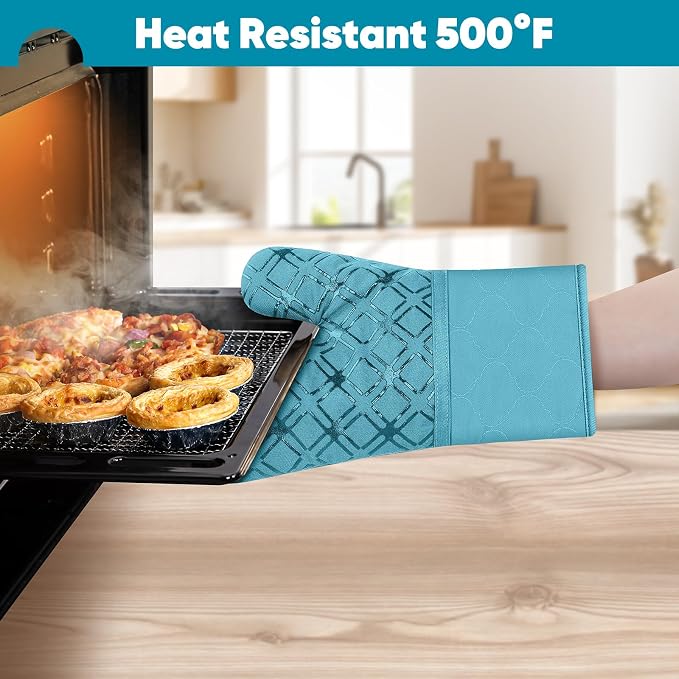 Oven Mitts and Pot Holders Set with Dishcloths, 500 Degree Heat Resistant Oven Gloves and Hot Pads, Premium Soft Cotton Kitchen Mittens and Dish Cloth Sets-Lake Blue