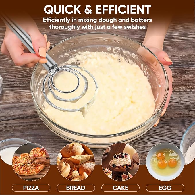 Maxjoy Danish Dough Whisk Stainless Steel for Sourdough Bread | Dutch Dough Hook, Replaces Dough Mixer Spoon & Stick, Food Grade & Rust Resistant, Easy Clean & Dishwasher Safe, Baking Tool