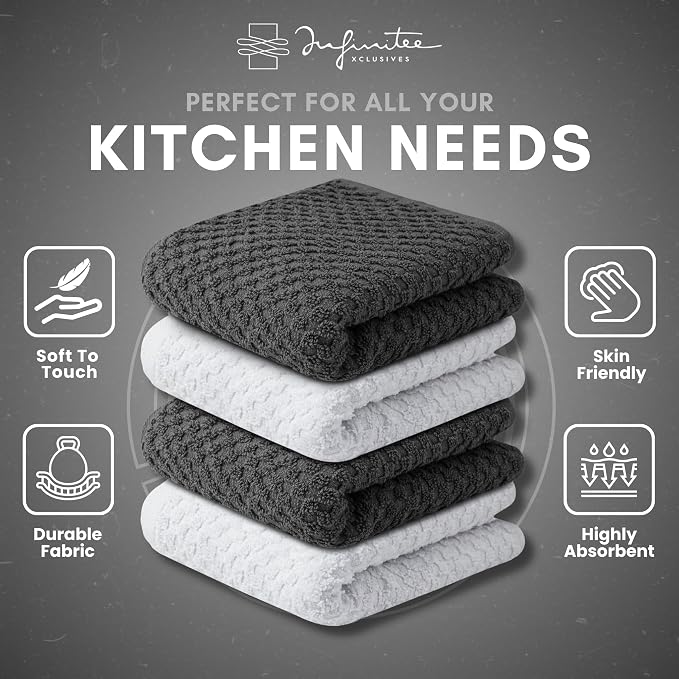 Infinitee Xclusives Premium Dish Cloth 100% Cotton 12 x 12 Inches |Pack of 4| - Ultra Soft Tea Towels - Highly Absorbent Kitchen Rags - Terry Dishcloth for Kitchen and Household Cleaning |Grey|