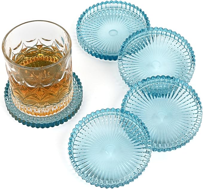 Modern Clear Coaster Set of 5- Glass Coasters for Drinks, Clear Blue | Crystal Coasters Round Cup Mat Coffee Table Decor for Office, Kitchen, Bar, Dining Room, Living Room, Patio