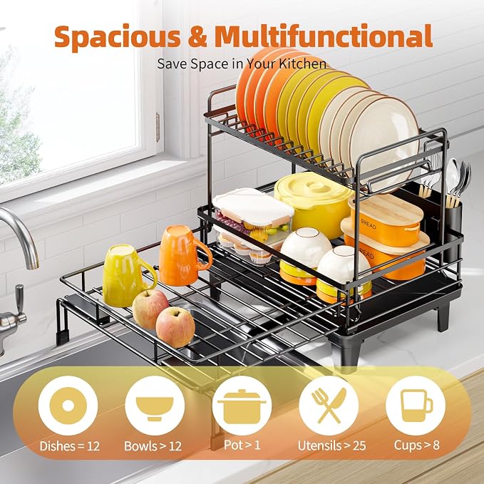 Urackify Expandable Sink Dish Drying Rack for Kitchen Counter, 2-Tier Black | Large Dish Racks, Sink Dish Drainer, Rustproof Dish Strainer with Utensil Holder, 12.3"-20.5" L x 15"W
