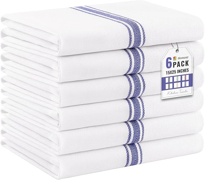 Homaxy 100% Ring Spun Cotton Kitchen Towels 6 Pack, Blue Stripe | 15 x 25 Inch, Highly Absorbent Dish Towels for Kitchen Drying, Reusable Cleaning Cloths, Soft Tea Towels with Hanging Loop