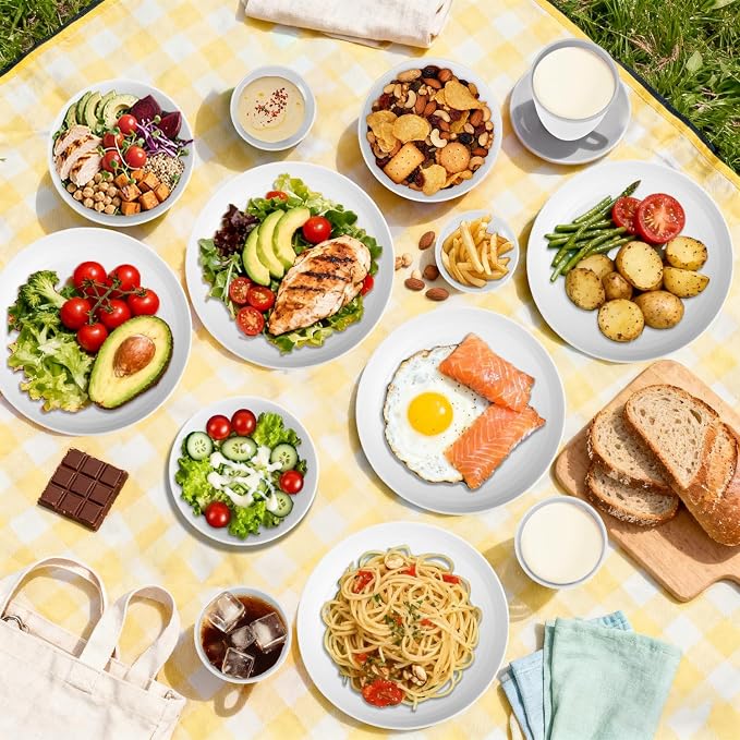 Wheat Straw Plates and Bowls Sets of 16，Unbreakable Dinnerware Sets for 4, Microwave & Dishwasher Safe Kids Dish Set for Kitchen, Outdoor, Camping, Party, RV- White
