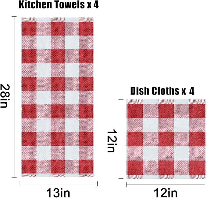 Homaxy Kitchen Towels and Dishcloths Set, Set of 8, White & Red | Bulk Cotton Waffle Weave Check Plaid Kitchen Towels, Super Soft and Absorbent Dish Cloths, 12 x 12 and 13 x 28 Inches