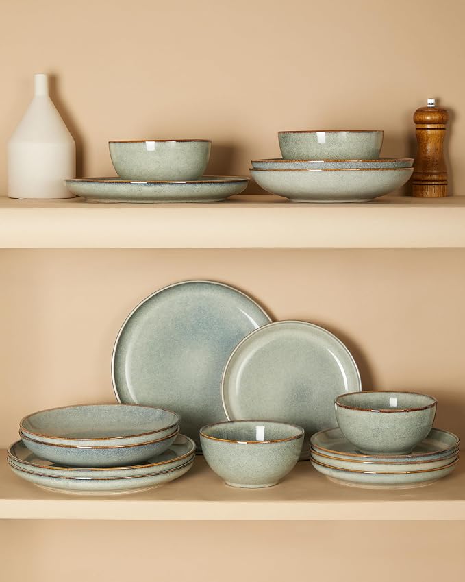Stoneware Dinnerware Sets Service for 4, 12 pcs Reactive Glaze Plates and Bowls Sets, Handmade Ceramic Dish Set, Highly Chip and Crack Resistant Modern Plate Set, Green Wheat