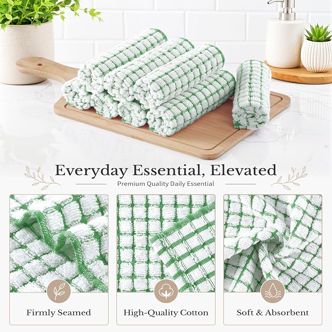 Homaxy 16 Pack Terry Kitchen Dish Cloths, 12"x12", Green | Super Soft and Absorbent Dish Rags, Quick Drying Reusable Dish Towels for Washing Dishes