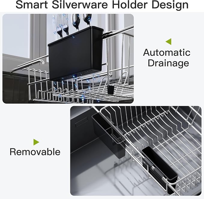 JASIWAY Dish Drying Rack in Sink, Dish Drainer with Cup and Utensil Holder | Over The Sink Expandable Stainless Steel Strainer Dryer Rack for Small Kitchen, Counter Space Saving, Fast Drain, Rustproof