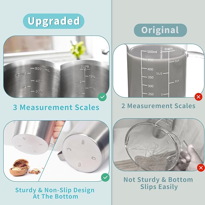 Newness 2-Pack Stainless Steel Measuring Cups Set, Metal Measuring Cup | (3 Marking Including Cup/ML/Oz Scale)(2 & 3 Cup) Metal Measuring Cup with Handle For Prepping, Baking and Cooking, Dishwasher