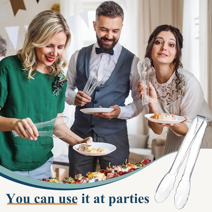 Tessco for you 50 Pcs Plastic Tongs for Serving Bulk, 9 Inch Plastic Disposable Serving Tongs, Heavy Duty Salad Tong for Kitchen, Buffet, BBQ, Events & Catering (Transparent)