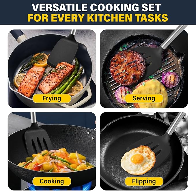 Silicone Spatula Set, Heat Resistant Fish Spatula, Solid & Slotted Turner for Non-Stick Pans, Silicone Cooking Utensils, BPA-Free, Flexible Kitchen Spatula for Flipping Eggs, Burgers, Black, 3 PCS-B