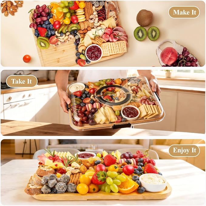 Portable Bamboo Charcuterie Board with Lid, 1 Compartment | Includes Knife Set, Plates, Forks & Handle, Travel Serving Tray Platter for Cheese, Meat, Fruit, Housewarming Gift for Women
