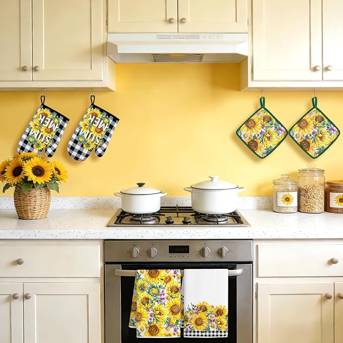 8 Pcs Sunflower Plaid Kitchen Decor Accessories Set, Dish Towels Square Heat Resistant Oven Mitts and Gloves Pot Holders for Cooking Baking Mother’s Day Farmhome Gifts