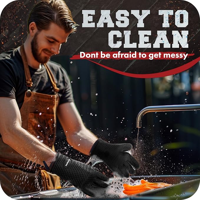 KITCHEN PERFECTION Silicone Smoker BBQ Gloves - Heat Resistant Oven Mitts | Waterproof, 5-Finger Design For A Better Grip, for Pitmasters, Meat Smoking, Grilling, Cooking, Frying Turkey | Grill Gift