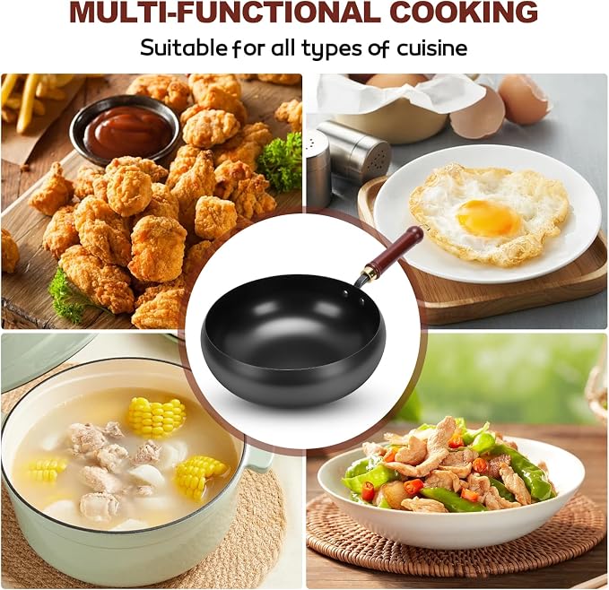 Gugxiom Suntuup Japanese Iron Pan, 28cm Cast Iron Wok, with Spatula, 2 Covers to Choose From, for Pots On Electric Stoves/Induction Cookers/Gas Stoves (Wooden lid)