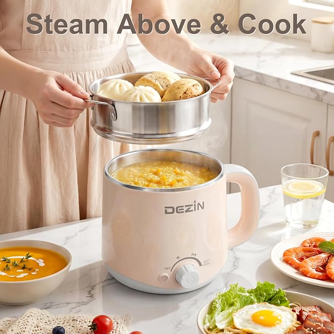 Dezin 1.6L Electric Pot with Steamer, Stainless Steel Pot with Dual Power | Keep Warm, Rapid Cooker, for Ramen, Egg, Dumpling, Soup & Oatmeal, Overheat & Boil-Dry Protection, Ideal for Dorm & Office
