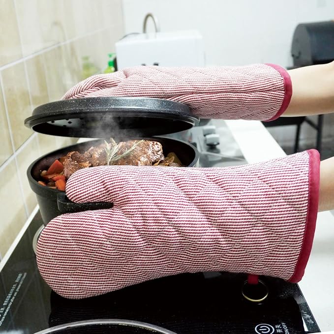 Yarn Dyed Oven Mitts 1 Pair， 100% Cotton Heat Resistant 470 Degree | Oven Gloves for Men Women Cooking Baking Barbecue BBQ Microwave Crafting Machine Washable Pot Holders Mittens (Red 2)