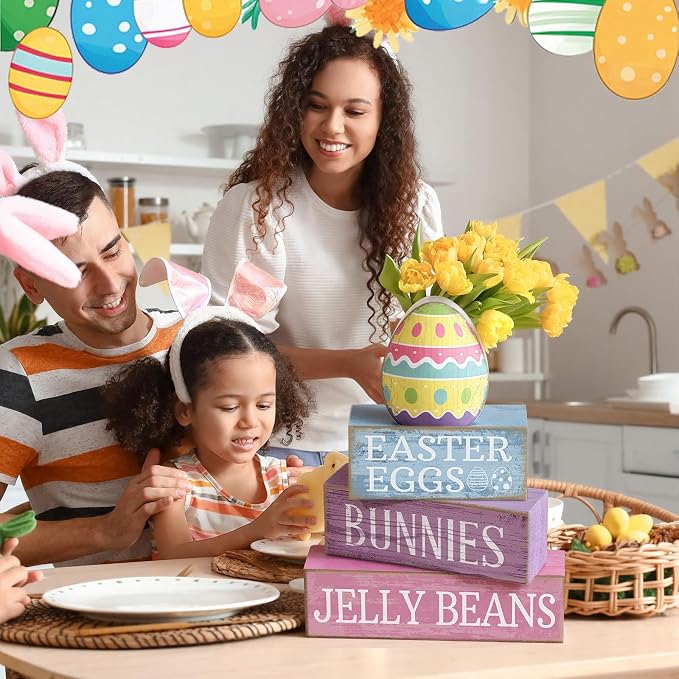 Lineshading 4 Pcs Easter Block Signs, Farmhouse Tiered Tray Decor Wooden | Rustic Blocks with Easter Eggs Bunnies Jelly Beans Text, Colorful Egg Topper, Spring Tabletop Shelf Mantel Gift