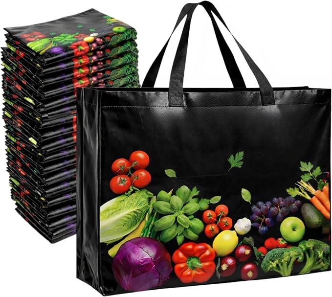 Simply Cool 100 Pack Reusable Grocery Bags, Large Tote Bags Bulk, Black | 13”x12.6”x7.25" Heavy Duty Non-woven Printed Shopping Bags with Handles, Foldable, Washable for Retail and Commercial use