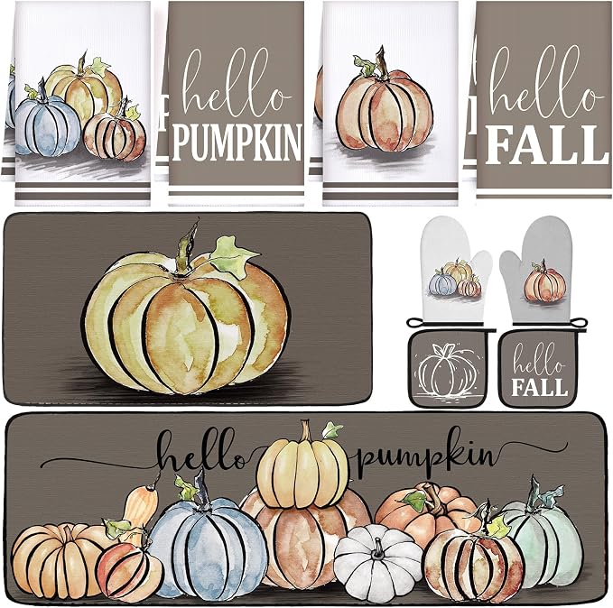 Fanfanwin 10 Pcs Fall Pumpkin Kitchen Decor and Accessories Set Kitchen Towels Pot Holders Oven Mitts and Rugs Set Thanksgiving Towels for Cooking Baking Gift Harvest Autumn Home Decor