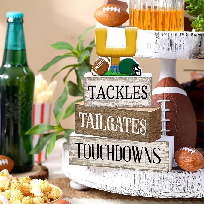 Lineshading 4 Pcs Fall Football Table Decor, Wood Block Sign Home Shelf | Football Table Centerpiece for Tiered Tray, Rustic Sport Game Wooden Block for Fans Club Tailgate Birthday Party Decor